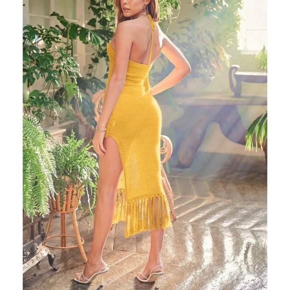 Aliyah Tied Backless Split Thigh Fringe Hem Halter Dress - Picture 2 of 6